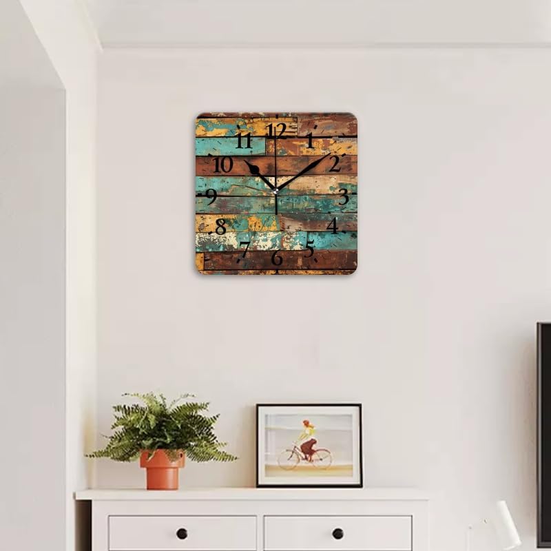 Non-Ticking Sweep Movement Wall Clock Battery Operated Analog Wall Clocks Decorative for Bedroom,Office,Living Room-Rustic Wooden Wall with Weathered and Distressed Textures(14inch)