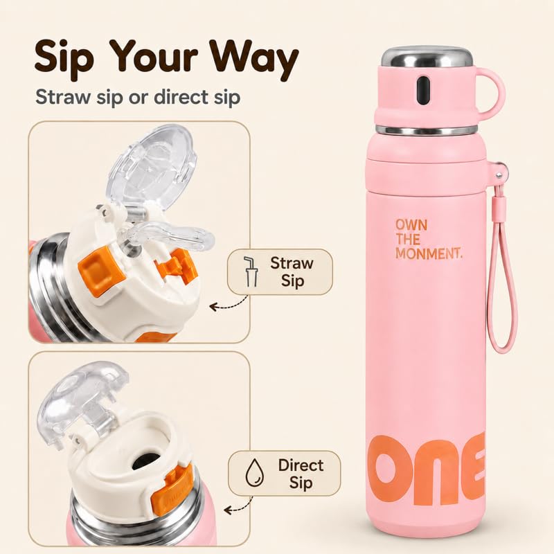Image of Homero Premium Steel Bottle 1 Litre 1 L, Stylish Water Bottle with Cup & Straw, Leak Proof Elegant Design for Women, Office, Gym, School, College & Travel Use - Soft Pink