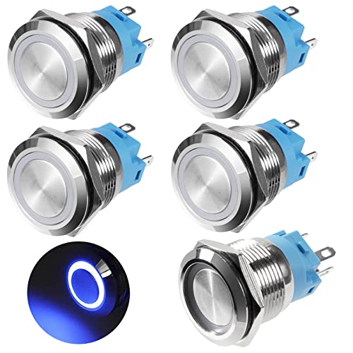 GUNGY Interruptor de Botón 19mm Pulsador 12V-24V 3A Impermeable Interruptores Autoblocante Pulsador de Latón Cromado con Anillo de Luz LED Azul 5 Piezas