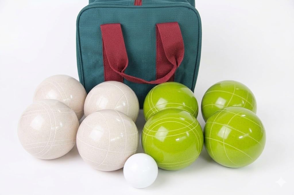 BuyBocceBalls Listing - Made in USA, Premium Quality Tournament Bocce Set - 110mm White and Lime Green Balls, Nylon Bag, 998 Grams (2 lbs. 3.2 oz.). Various Bag Colors