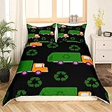 Grüner Müllwagen Bettwäsche 155x220 für Kleinkinder Jungen,Abfallmanagement Müllwagen Bettbezug für Kinder Teens Mädchen,Cartoon Recycling Fahrzeug Auto Bettwäsche Set Schwarz Bett Set 3 Stücke