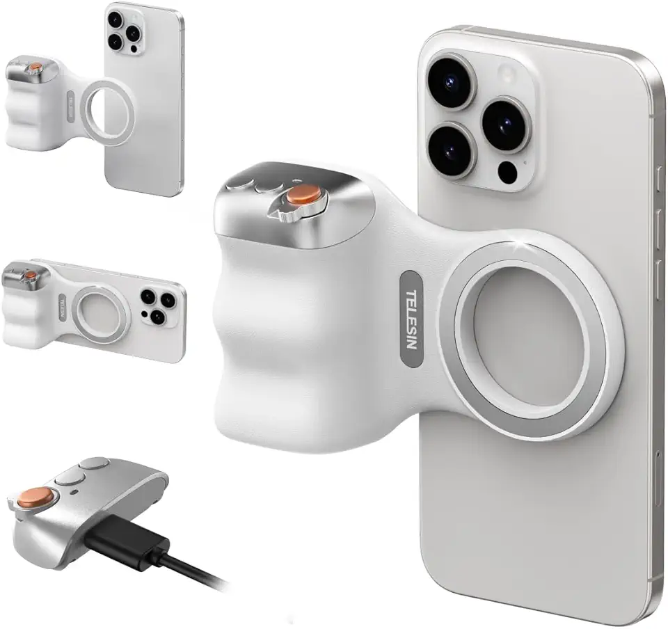 TELESIN Alça de obturador magnética para câmera de telefone DSLR para iPhone e Android com botão de obturador sem fio removível antiqueda - parafuso de 6 mm - Suporte ergonômico para alça de câmera