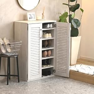 moca company Luvo シューズラック 木製 1cmピッチ 5段 シューズボックス 下駄箱 靴箱 省スペース スリム 大容量 ルーバー扉 ホワイト