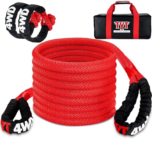 TYT Kinetic Recovery Rope,(1in x 30ft Red) 48000lbs Snatch Strap, Heavy Duty Stretch Nylon Towing Ropes with 2pcs Soft Shackles for Offroad Vehicle, Jeep, SUV, ATV, UTV, Tractor Elastic Ropes Kit