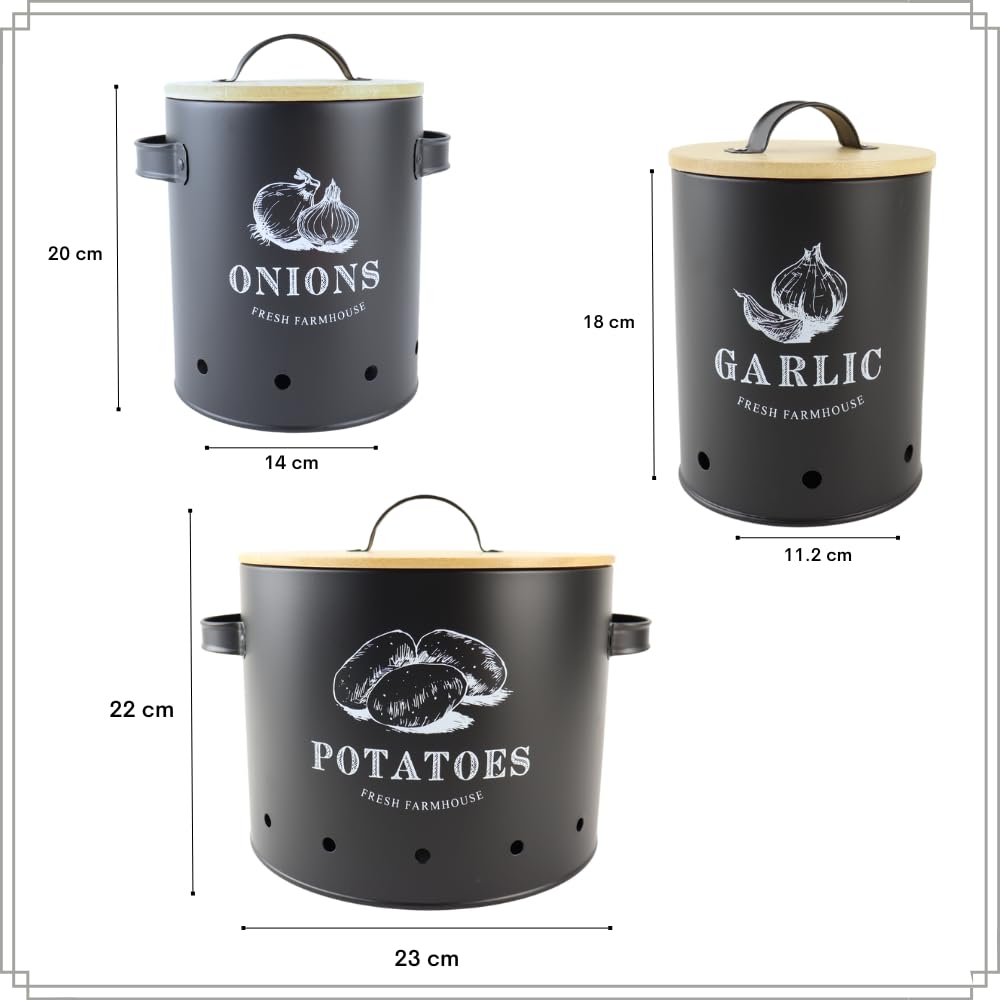 OTIX Vorratsgläser - mit Deckel - Schwarz - 3er Set - Knoblauchtopf - Zwiebeltopf - Kartoffeltopf - Metall