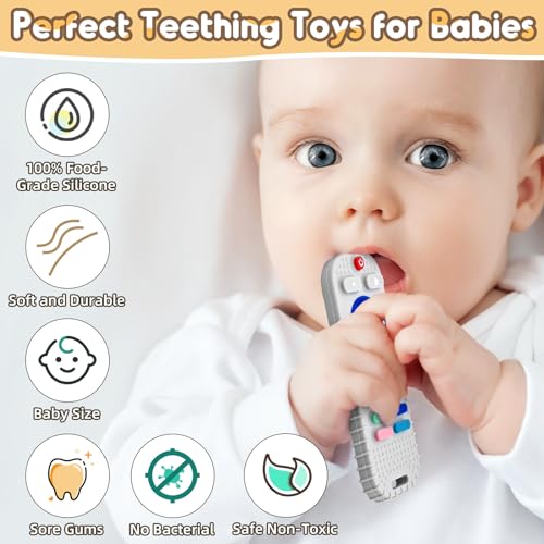 Zahnen Beißringe Spielzeug für Babys 3-6-18 Monate Geschenke, Fernbedienung Baby Zahnungshilfe für 3 6 9 12 Monate Kleinkind Autismus, Lebensmittelqualität Silikon Badespielzeug, Schwarz & Grau
