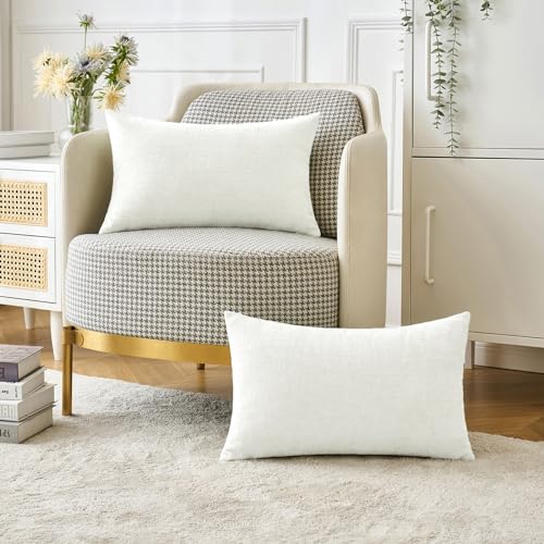 Image of MIULEE Pack of 2 Couch Throw Pillow Covers 12x20 Inch Soft White Chenille Lumbar Pillow Covers for Sofa Living Room Solid Dyed Cases