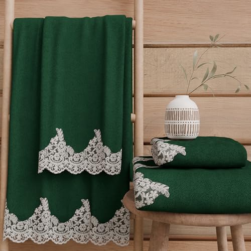 Image of PETTI Artigiani Italiani - 100% Cotton Terry Bath Towels, 1+1 Towel Set, 2 Pieces 1 Face Towel and 1 Hand Towel, Dark Green