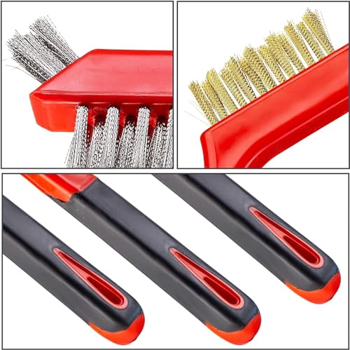 Image of Wire Brush Set, 3 Pcs Brass /Stainless Steel /Nylon Wire Brushes for Cleaning with Curved Handle Grip for Rust Removal, Dirt, Paint Scrubbing