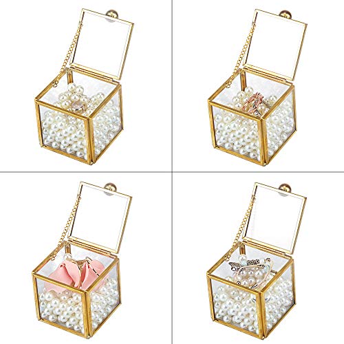 Designster Glass Ring Bearer Gift Box With Pearls - Small Antique Gold Brass Lace Jewelry Organizer/Vanity Necklace Display Storage Decorative For Dresser, Drawer, Countertop #TOP4