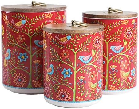 Bico Red Spring Bird Ceramic Canister Set of 3 for Kitchen Counter, 62oz,  40oz, 32oz each, with Wooden Air Tight Lid, Food Storage Jar for storing ...