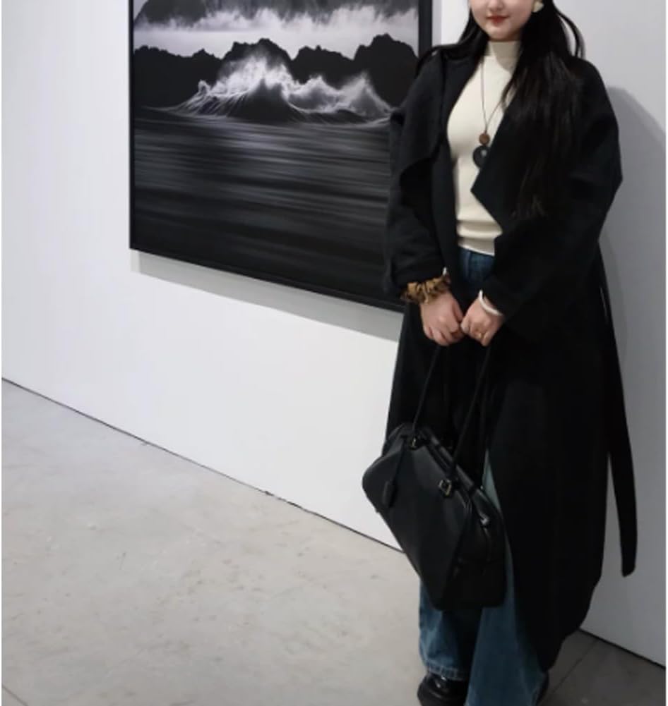 Women's Wool Blend Coat Women's Double-Faced Cashmere Coat Elegant Large Lapel Long Wool Trench Coat Loose Fit Tie Waist