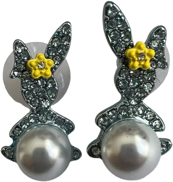 Betsey Johnson Blue Metallic Rabbit Stud Earrings Faux Pearl & Crystal Accents Great Easter Mother's Day Gifts Valentine's Day Gift Idea XMAS New Year Gifts Birthday Present