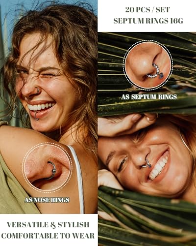 Besteel 20PCS Septum Rings 16G for Women - Hypoallergenic Surgical Steel Daith Piercing Jewelry Cute CZ Dangle Silver Black Gold Nose Ring Clicker for Helix, Tragus, Daith, Cartilage Earrings Hoop3