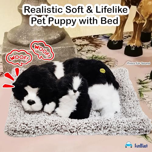 Image of FunBlast Sleeping Cute Dog with Puppy - Realistic Soft & Lifelike Pet Puppy with Bed for Car Dashboard and Home Decor, Sleeping Dog Soft Toy (Black)