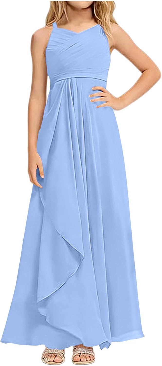Girls Dresses Sleeveless Front Criss Cross Ruffle Long Skirt Slim Fit Solid Color Elegant Performence Maxi Dress