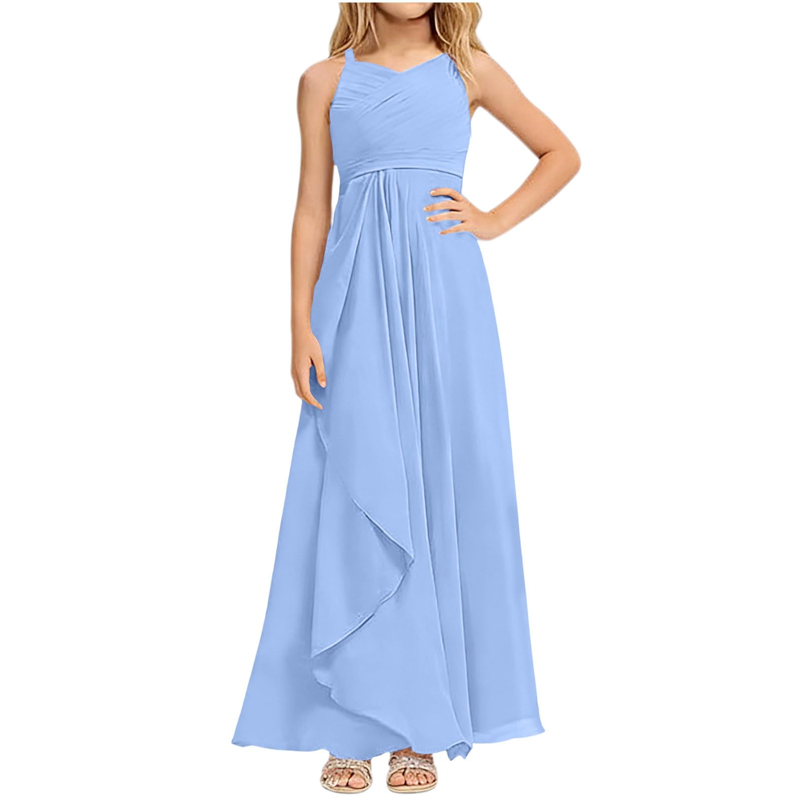 Mädchen Lang Elegant Chiffonkleid V-Ausschnitt Ärmellos Abendkleid Hohe Taille Bequem Ballkleid Sommer Einfarbig Strandkleid Festlich Hochzeit Partykleid A-Linie Kleid 1-13 Jahre