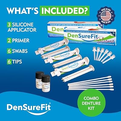 Densurefit Silicone Kit for Upper and Lower Denture, 3-6 Month Soft Silicone Dentures Repair Set to Refit and Tighten, Easy to Use Reline Set with Larger Primer and Applicators for Comfortable Fit