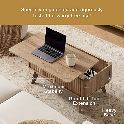 Mopio Brooklyn Mid-Century Modern Lift Top Coffee Table, Waveform Panel With Hidden Storage, Sleek Curved Profile Lift Tabletop Dining Table (Golden Oak, Coffee Table) #TOP5