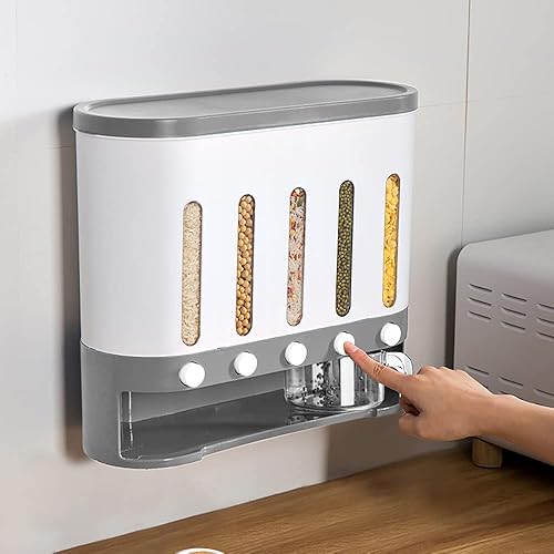 Miniatura 5 de Qiucenmium Dispensador de alimentos secos, dispensador de granos montado en la pared, 5 rejillas de 10 L, contenedores de ahorro de espacio con