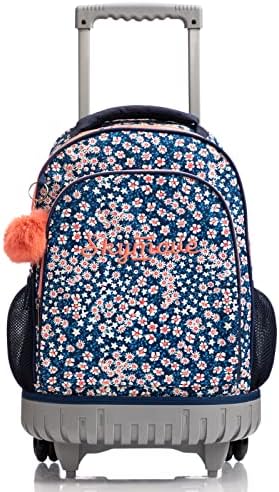 SKYMOVE 18 inch Multi-Compartment Double Handle Wheeled Student School Rolling Backpack for Girls Business Trip Carry-on, Dark Blue Daisy