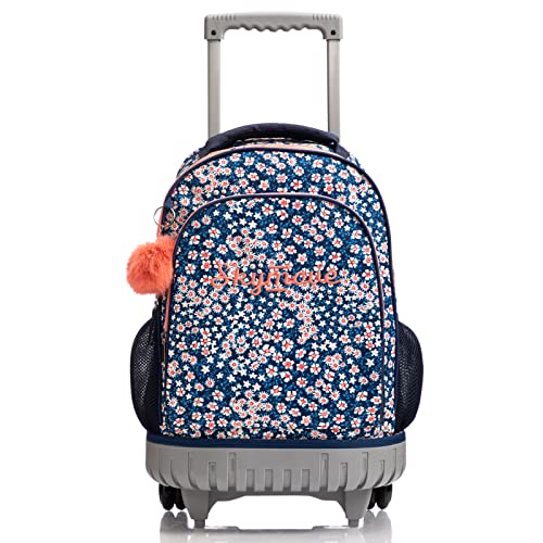 Skymove 18 Inch Multi-Compartment Double Handle Wheeled Student School Rolling Backpack For Girls Business Trip Carry-On, Dark Blue Daisy #TOP2