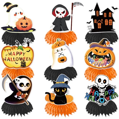 Halloween Honeycomb Centerpieces 9-Pack – Spooky Table Decorations with Pumpkin, Ghost, Bat, and Witch Designs – Foldable Paper Party Decor