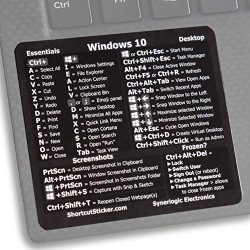 SYNERLOGIC Windows 10 Reference Keyboard Shortcut Sticker - Black VINYL 3\"x2.75\" Cheat Sheet for any 14\" and larger PC laptop compatible brands Dell HP Sony Toshiba Asus Acer Compaq MSI Razer and more