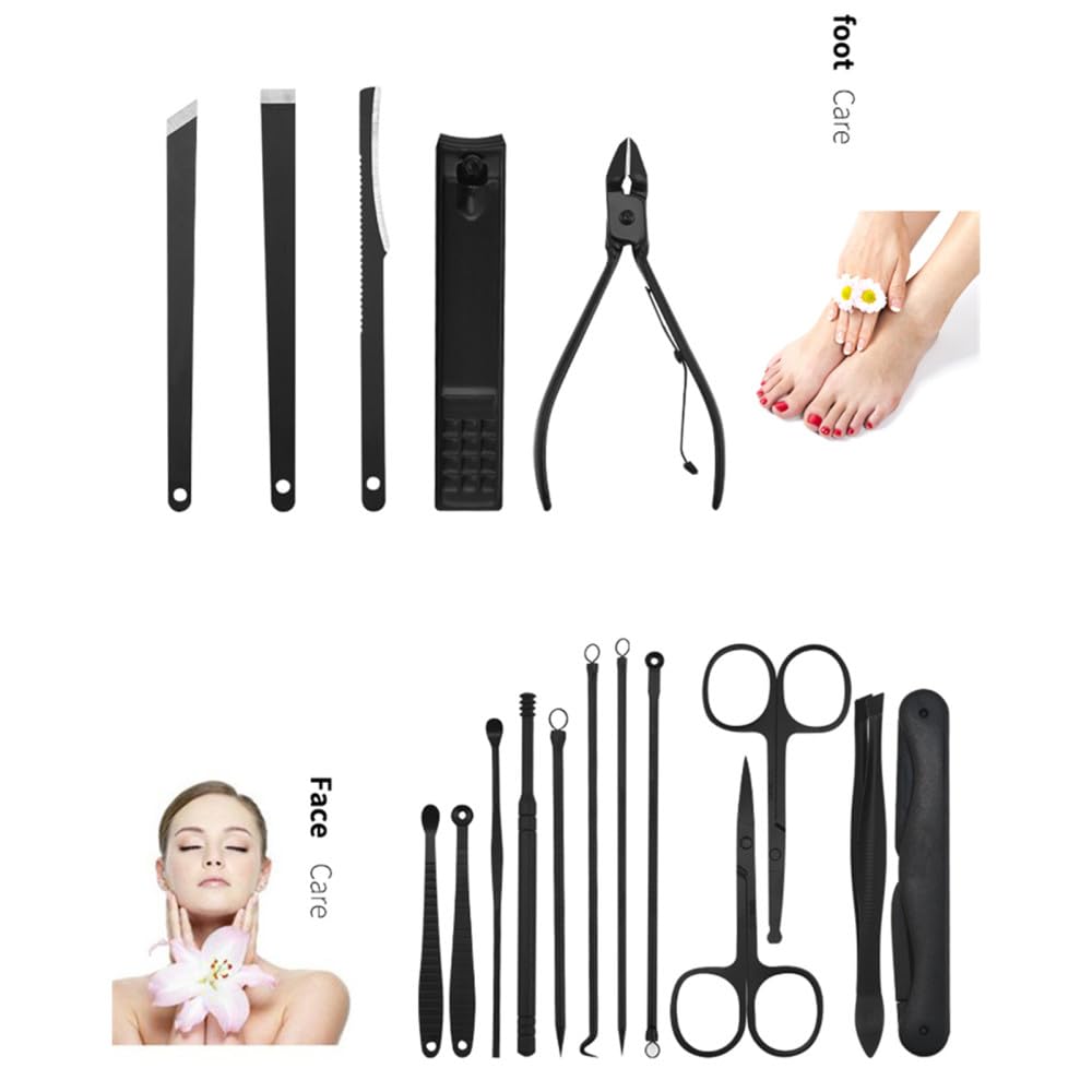 Obcinacze do paznokci Zestaw obcinaczy do paznokci ze stali nierdzewnej z czarną podróżą dla mężczyzn i kobiet zestaw Manicure Pedicure pielęgnacja narzędzie artystyczne(15pcs-bule)