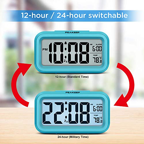 Image of Peakeep Night Light Digital Alarm Clock Battery Operated with Indoor Temperature, Desk Small Clock (Blue)