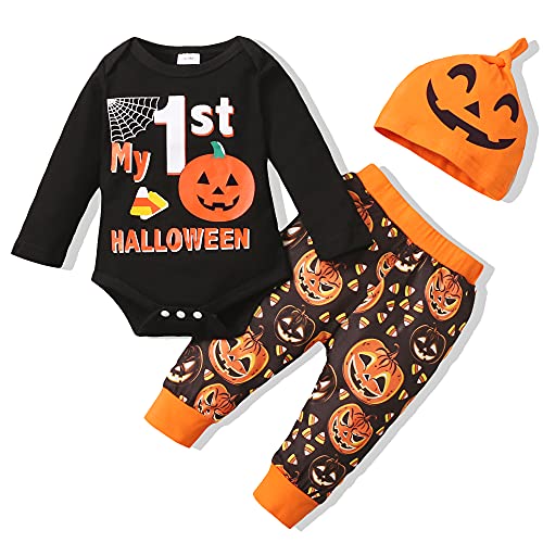 Image of Renotemy Newborn Baby Boy Halloween Outfit Halloween Baby Boy Outfits Pumpkin Romper+Pants+Hat 3Pcs Baby Clothes 3-6 Months