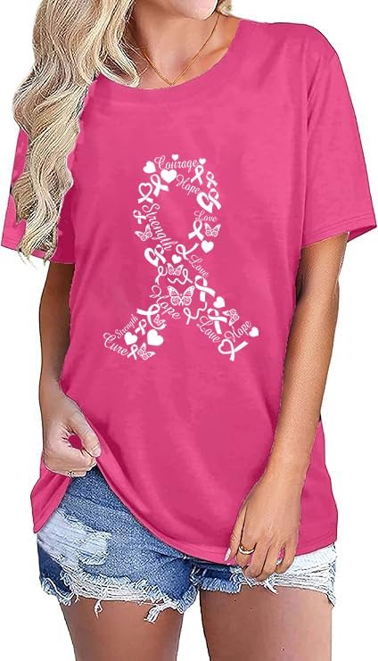 Breast Cancer Shirts for Women Pink Ribbon Breast Cancer Support Tshirts Cancer Awareness Tee Tops - Image 2