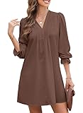 Dokotoo Dresses for Women 2024 V Neck Pleated Sun Dresses Long Puff Sleeve Flowy Brown Dresses Plus Size Trendy Casual Dress A-Line Middle Tshirt Dresses Medium