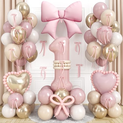 Dusty Pink Balloon Number 1 for 1st Birthday Decorations Girls Blush Baby Pink Gold White Sand Latex Balloons with Bow Heart Foil Balloons for Boho First 1 Year Old Birthday Anniversary Party Decor