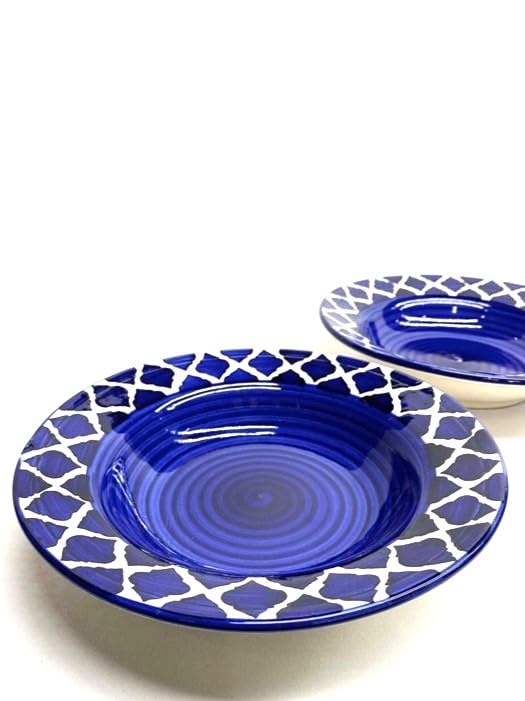 Image of Ceramic Side Plate Blue Moroccan Pasta Plate Serving Plates, Soup Plate for Serving Chowmine, Pasta, Snacks & Breakfast, Set of 2 Big Plates (Microwave & Dishwasher Safe)
