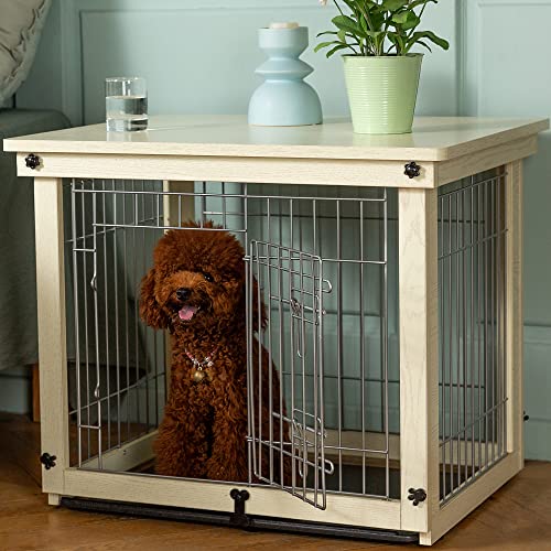 Ylovecl Wooden Dog Crate Furniture With Sliding & Fixable Tray, Dog Crate End Table For Small Dog, Small Dog Kennels Indoor (28.3L*23.2W*23.6H, Ivory White) #TOP7