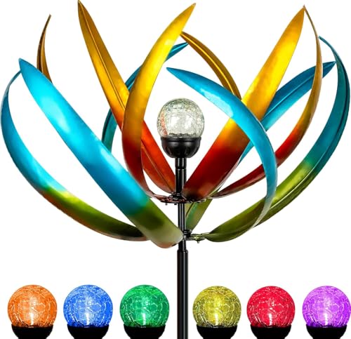 Image of 83 inch Large Solar Wind Spinner Outdoor - Metal Tulip Flower Sculpture with Multi-Color LED Glass Ball - Waterproof Kinetic Yard Art for Garden Lawn Patio, Mother's Day Birthday Gardening Gifts