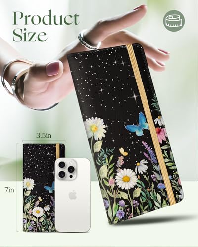 Image of Slohif Checkbook Cover for Personal Duplicate Checks - Women Check Cover Book Wallet Holder Black Star Flower Faux Leather Top Side Tear