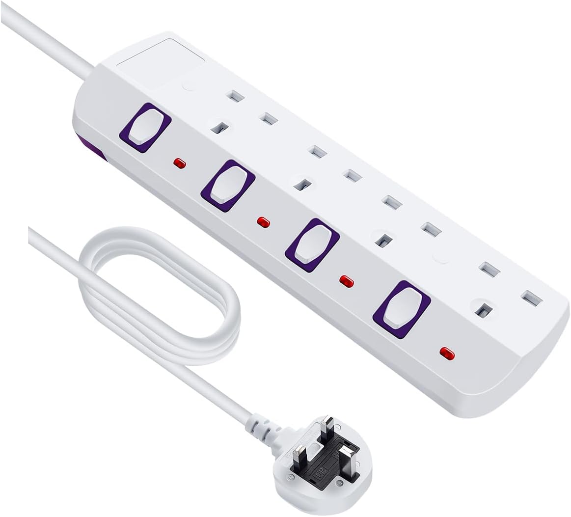 Tech Traders Extension Lead 4 Way Multi Plug Extension Sockets with
