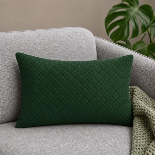 FABANE Set of 2 Quilted Cushion Covers – 12x18 Inches | Rectangular Decorative Throw Pillow Covers for Sofa, Couch & Living Room – Solid Bottle Green