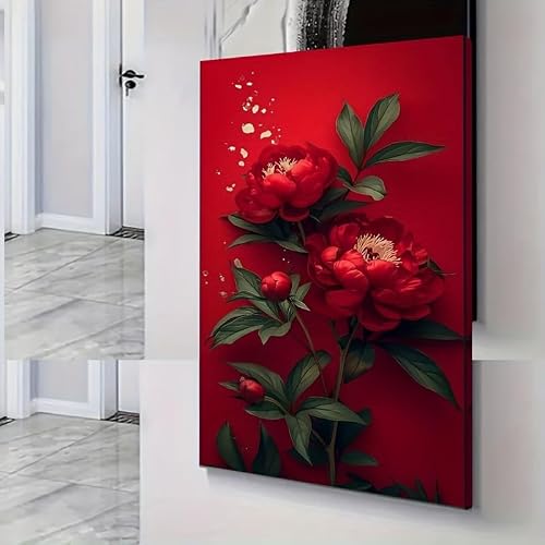 awitufhgp Large Red Peony Canvas Wall Art - Vintage Bohemian Wall Art, for Living Room, Bedroom, Autumn Botanical Hanging Art(70x90cm/28x35in(WxH)/No frame)