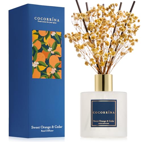 Image of COCORRINA Reed Diffuser - Sweet Orange & Cedar 6.7 Fl.oz Reed Diffuser Set with Sticks & Preserved Baby's Breath, Reed Diffuser for Home Bathroom Shelf Decor