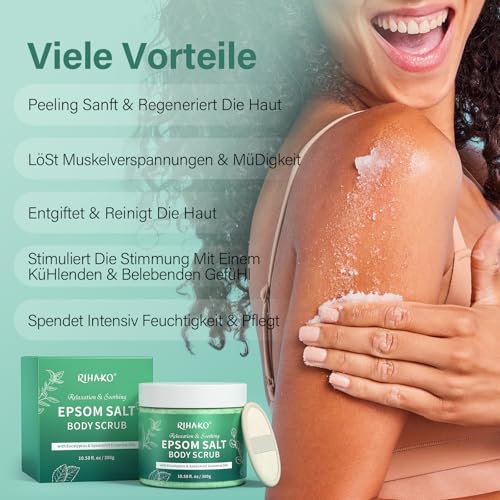 Körperpeeling mit Eukalyptus und Bitterminze, Körperpeeling Damen, Spendet Feuchtigkeit und Pflegt Die Haut, Lindert Muskelverspannungen, Badesalz für Muskelbäder, 300 g