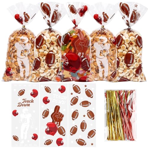 DIYASY 150 Pcs Football Cellophane Candy Bags, Clear Football Gift Treat Bag Plastic Goodie Snack Bags with Ties Sports Theme Party favors Supplies