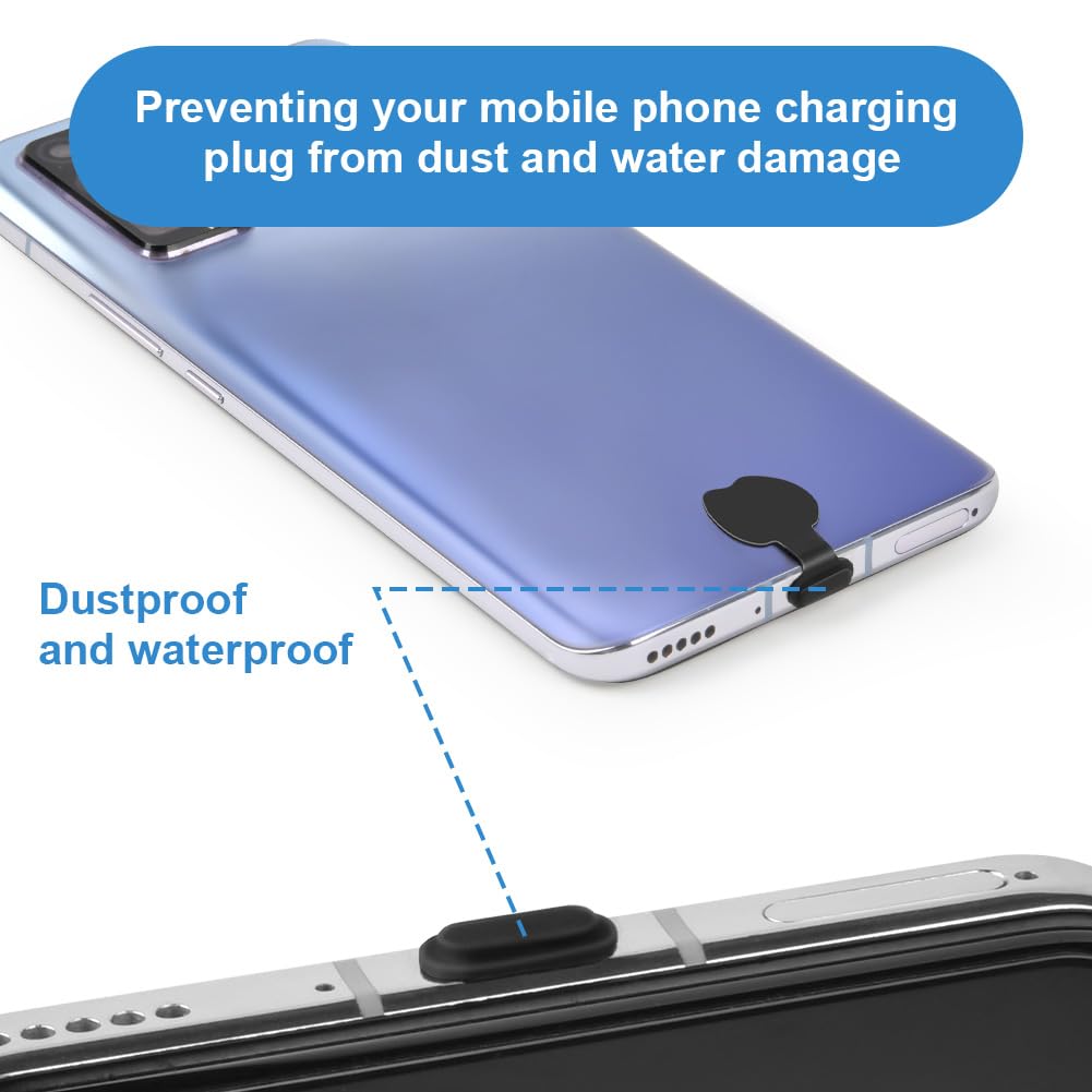 Kit Poussière de Téléphone Silicone pour Prise Adhésive Lot de 6 Caches Anti-poussière Type C Noir Blanc Transparent