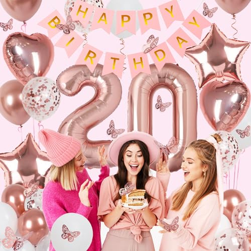 Image of Rose Gold 20th Birthday Decorations for Girl Women, 20 Year Old Sign with Happy Birthday Banner, 40In Number 20 Foil Birthday Balloons, Butterfly Decorations, Heart and Star Balloons