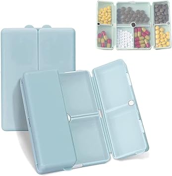 7 Compartments Portable Pill Case, Foldable Pill Organizer for Travel, Portable Daily Pill Case, Pocket Pharmacy with Labels, Magnetic Travel Pill Box Blue