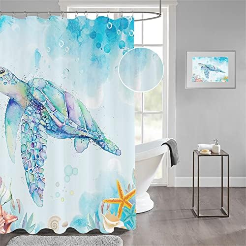 GOOESING Sea Turtle Shower Curtain, Underwater Seaweed Seashell Shower Curtain, Marine Animals Blue Teal Ocean Shower Curtain, Tropical Fish Shower Curtain Nautical Turtle Shower Curtain Set