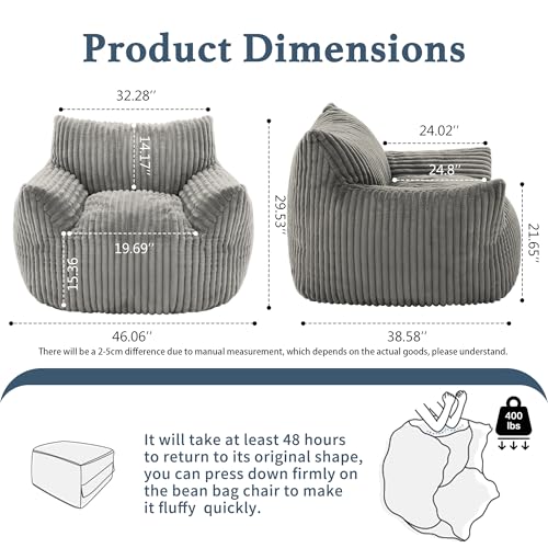 Giant Plush Bean Bag Chair for Adults with Armrests - Oversized Comfy Light Grey Beanbag Lounge Lazy Floor Sofa Accent Chair for Living Room, Bedroom & Dorm, Cozy Fluffy Single Cloud Mini Couch