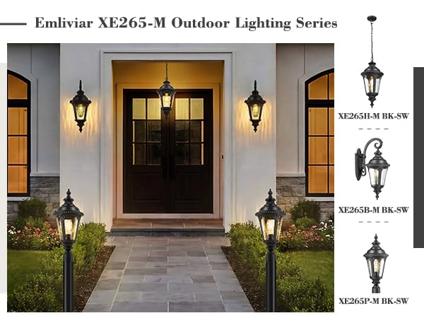 Image of Emliviar 21.3 Inch Modern Hanging Light Fixture, Adjustable Black Outside Pendant Light Fixture with Water Ripple Glass Shade for Patio, XE265H-M BK-SW